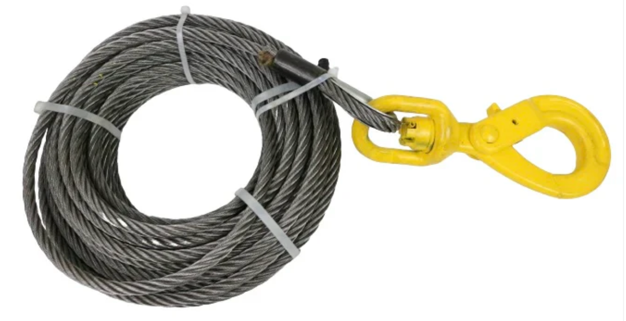 3/8 x 75' Winch Cable With Self Locking Swivel Hook - STEEL CORE